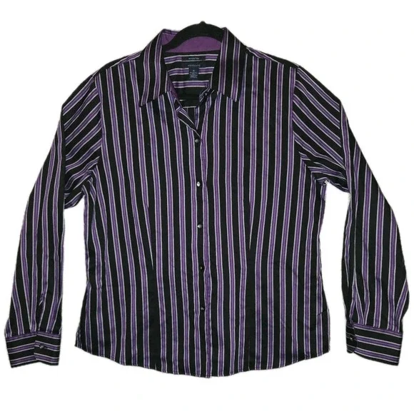 Westbound Wrinkle-Free Pinstripe Button Shirt Woman's Size 14 Shirt Purple Black - Picture 1 of 7